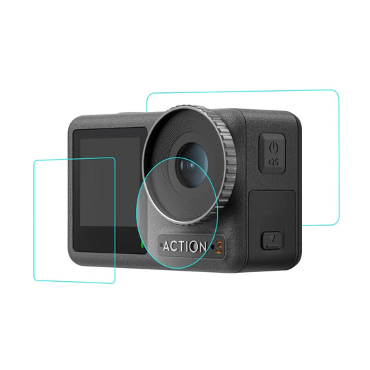 Lente PULUZ 3 en 1 Pantalla frontal y trasera Vidrio templado Película a prueba de explosiones para DJI Osmo Action 3 — imag…