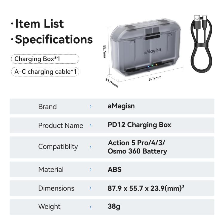 Estuche de carga AMigisn PD12 para DJI Osmo 360 (negro transparente) — imagen 12