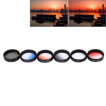 Filtro de lente JUNESTAR profesional 6 en 1 de 34 mm (CPL + UV + Gradual Red + Gradual Orange + Gradual Blue + Gradual Grey)