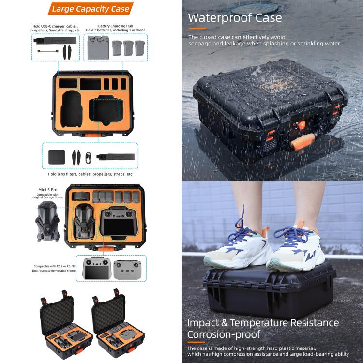 Bolsa de viaje rígida de seguridad Sunnylife, gran capacidad, impermeable, a prueba de golpes para DJI Mini 5 Pro (negra) —…