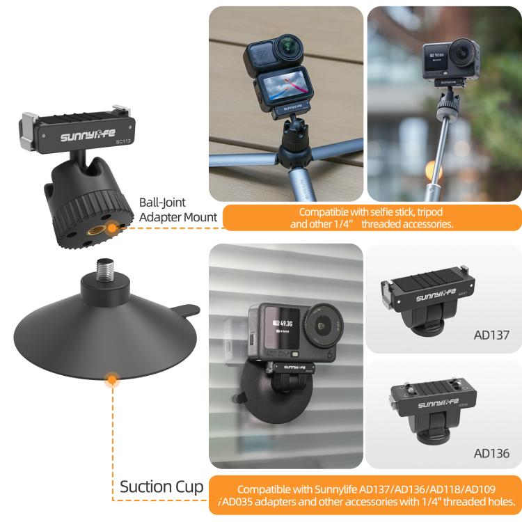 Adaptador de rótula magnética de liberación rápida Sunnylife de doble dirección con ventosa giratoria de 360° (negro) — imag…