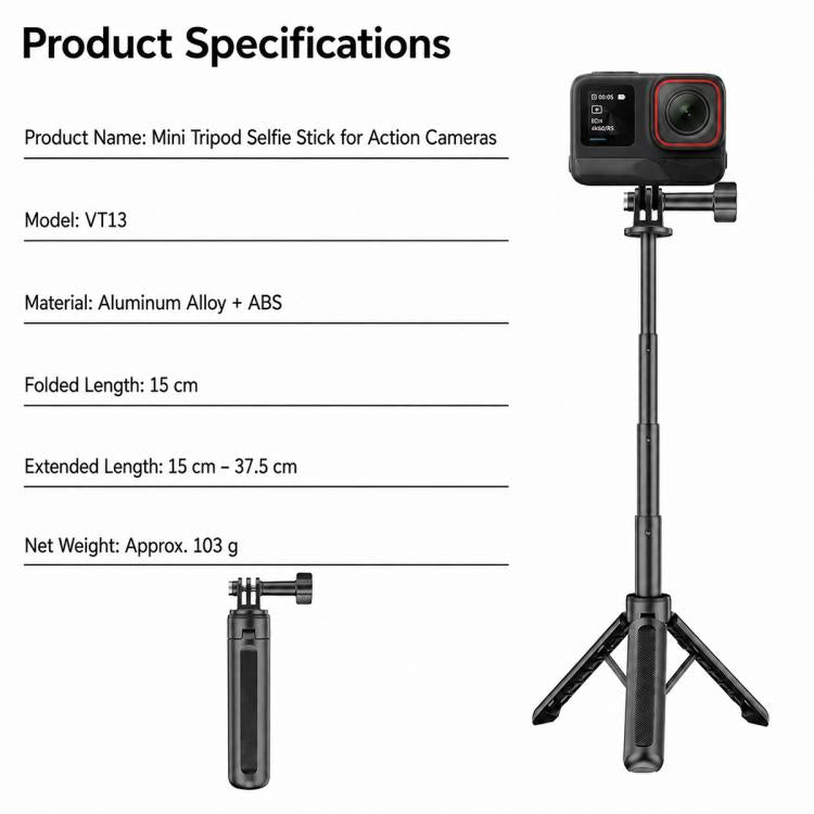 Trípode Mini VT-13 con palo selfie de mano, Insta360, GoPro y otras cámaras de acción (negro) para DJI Mini — imagen 9