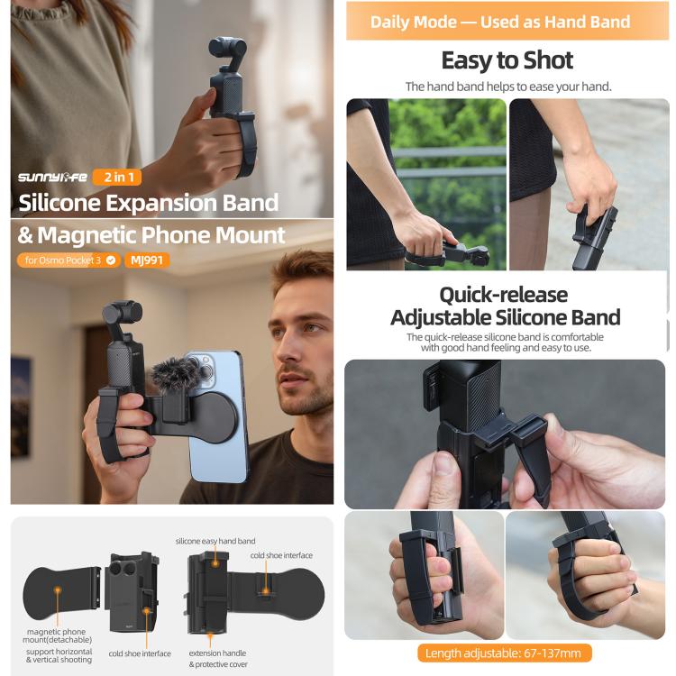 Soporte Adaptador de expansión magnético, para teleprompter, mango de extensión para DJI Osmo Pocket 3 (negro) — imagen 3