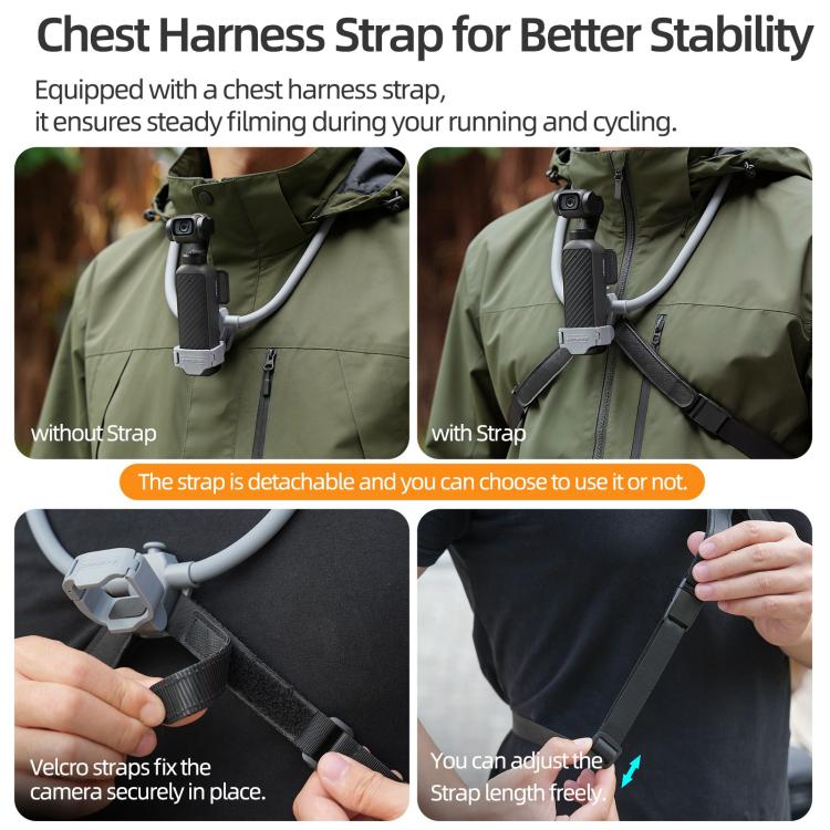 Soporte ajustable para cuello Sunnylife, ideal para vídeos POV, vlogs y selfies, con correa para el cuerpo para DJI Osmo Poc…