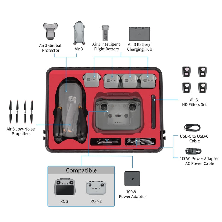 Kit RC2 / N2 STARTRC Impermeable PP Dron estuche Caja de almacenamiento para DJI Air 3 (Negro) — imagen 5