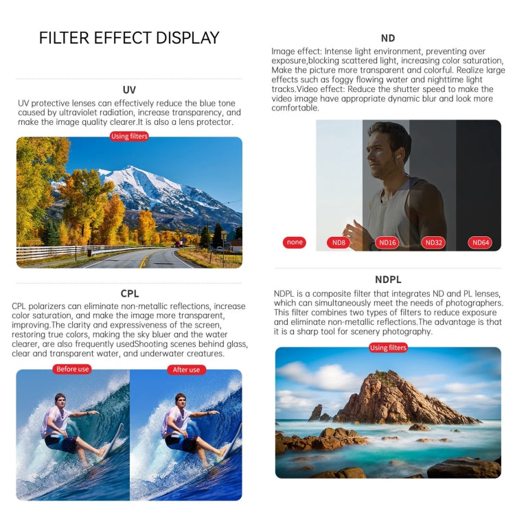 Filtro de lente de cámara Para roscado JUNESTAR, filtro: 6 en 1 ND8-64 UV CPL para DJI Osmo Action 4 — imagen 4