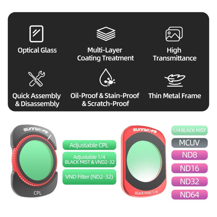 Filtro magnético de metal Sunnylife para lente de cámara, filtro: 4 en 1 MCUV CPL ND32/64 para DJI Osmo Pocket 3 — imagen 4