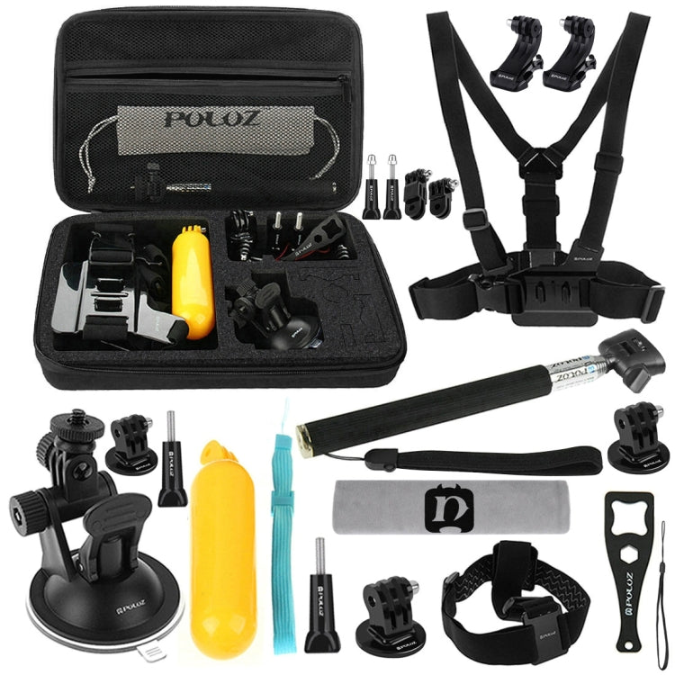 Kits combinados de accesorios PULUZ 20 en 1 con estuche EVA (correa para el pecho + correa para la cabeza + soporte con vent…