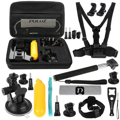 Kits combinados de accesorios PULUZ 20 en 1 con estuche EVA (correa para el pecho + correa para la cabeza + soporte con vent…