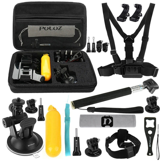Kits combinados de accesorios PULUZ 20 en 1 con estuche EVA (correa para el pecho + correa para la cabeza + soporte con vent…