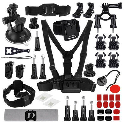 Kits combinados definitivos de accesorios PULUZ 45 en 1 (correa para el pecho + soporte con ventosa + brazos pivotantes de 3…