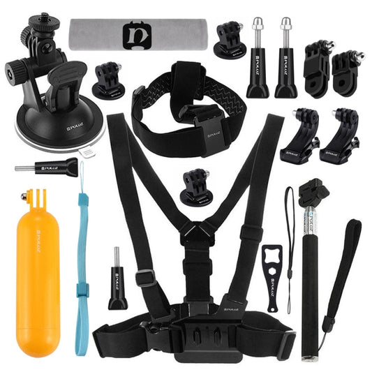 Kits combinados de accesorios PULUZ 20 en 1 (correa para el pecho + correa para la cabeza + soporte con ventosa + brazo pivo…