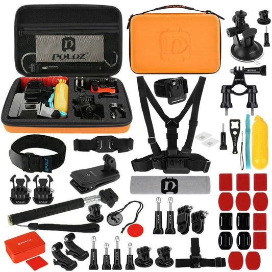 Kits Accesorios PULUZ 53 en 1 combinados Total Ultimate con estuche de EVA naranja (correa para el pecho + soporte con vento…