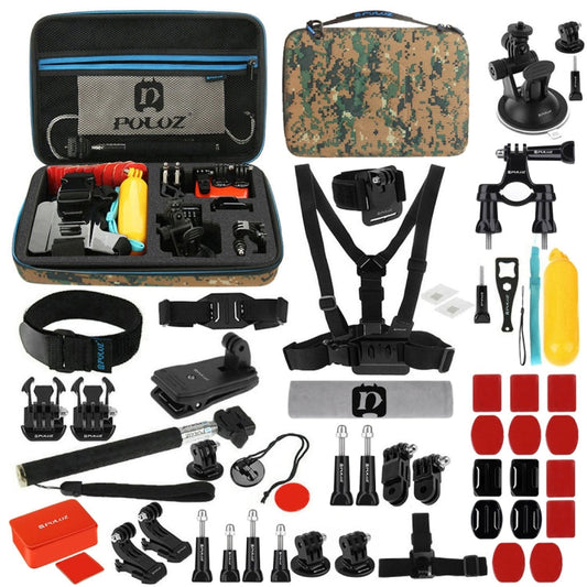 Kits Accesorios PULUZ 53 en 1 combinados Total Ultimate con estuche EVA de camuflaje (correa para el pecho + soporte con ven…