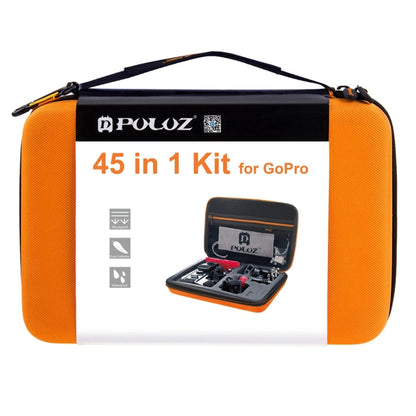 Kits combinados definitivos de accesorios PULUZ 45 en 1 con estuche de EVA naranja (correa para el pecho + soporte con vento…