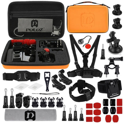 Kits combinados definitivos de accesorios PULUZ 45 en 1 con estuche de EVA naranja (correa para el pecho + soporte con vento…