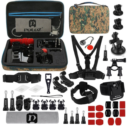 Kits combinados definitivos de accesorios PULUZ 45 en 1 con estuche EVA de camuflaje (correa para el pecho + soporte con ven…