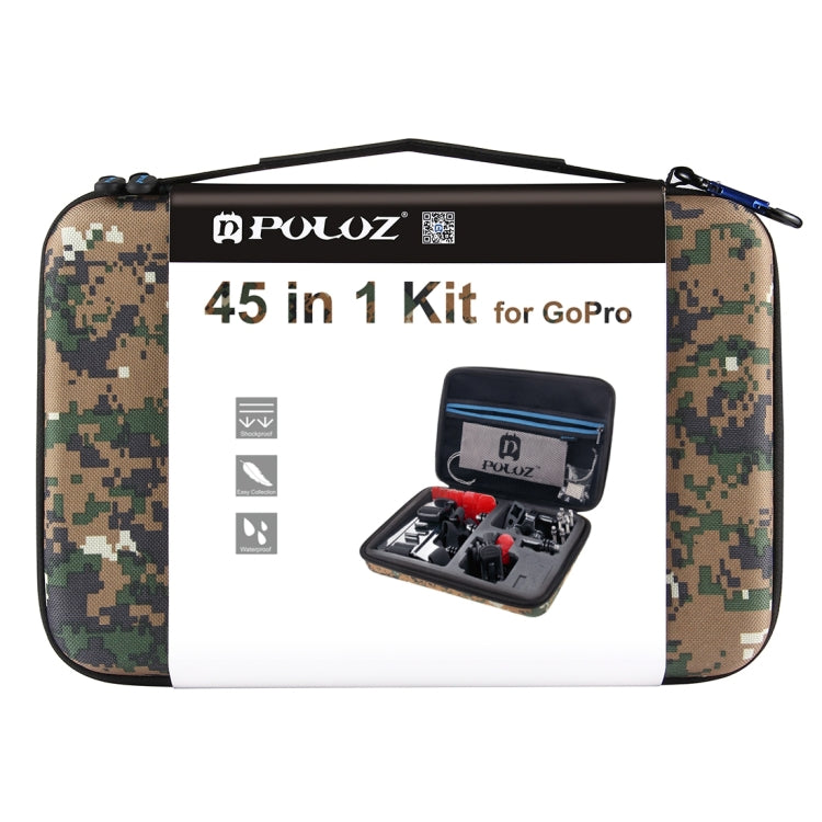 Kits combinados definitivos de accesorios PULUZ 45 en 1 con estuche EVA de camuflaje (correa para el pecho + soporte con ven…
