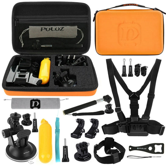 Kits combinados de accesorios PULUZ 20 en 1 con estuche EVA naranja (correa para el pecho + correa para la cabeza + soporte…