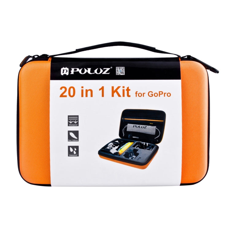 Kits combinados de accesorios PULUZ 20 en 1 con estuche EVA naranja (correa para el pecho + correa para la cabeza + soporte……