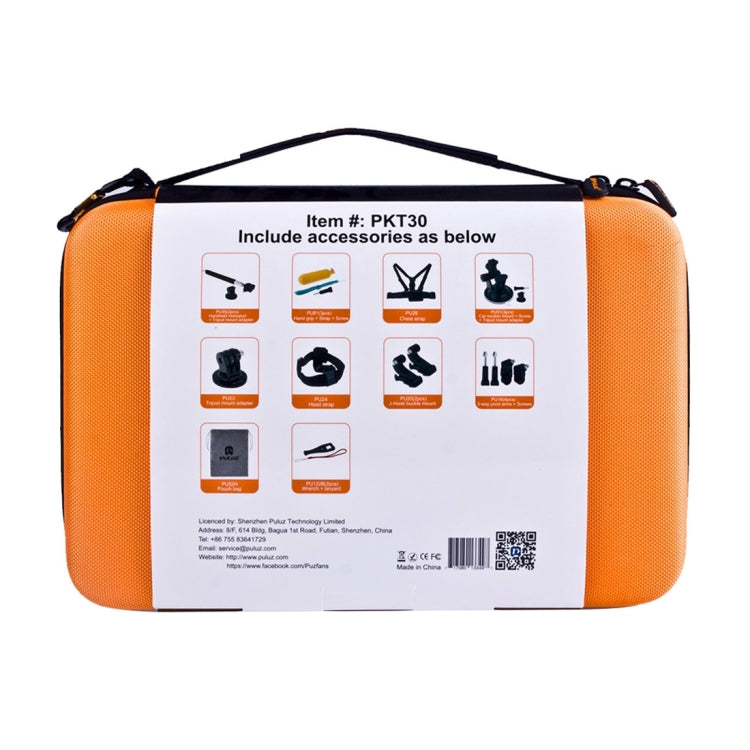Kits combinados de accesorios PULUZ 20 en 1 con estuche EVA naranja (correa para el pecho + correa para la cabeza + soporte……