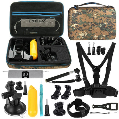Kit combinado de accesorios PULUZ 20 en 1 con estuche EVA de camuflaje (correa para el pecho + correa para la cabeza + sopor…