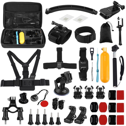 Kits [US Almacén] combinados de accesorios PULUZ 50 en 1 con estuche de EVA (correa para el pecho + soporte con ventosa + br…