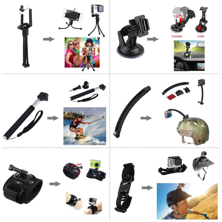 Kits [US Almacén] combinados de accesorios PULUZ 50 en 1 con estuche de EVA (correa para el pecho + soporte con ventosa + br…
