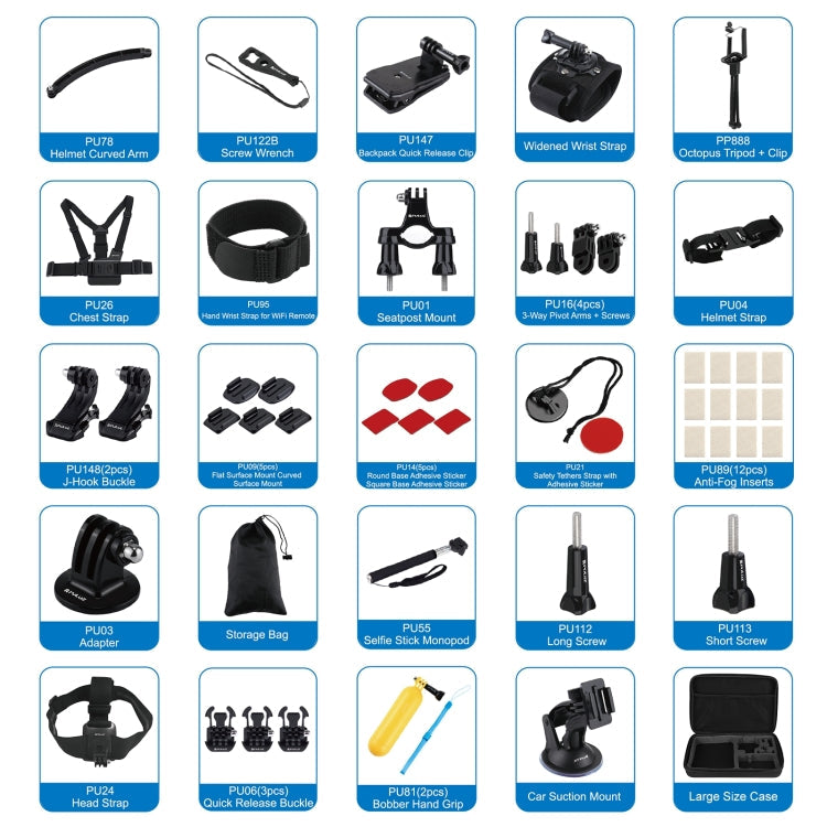 Kits [US Almacén] combinados de accesorios PULUZ 50 en 1 con estuche de EVA (correa para el pecho + soporte con ventosa + br…