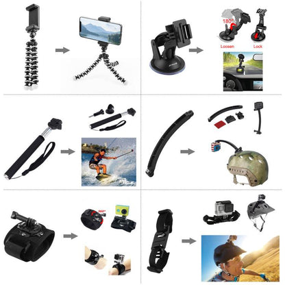 Kits Accesorios PULUZ 50 en 1 combinados Total Ultimate con estuche EVA (correa para el pecho + soporte con ventosa + brazos…