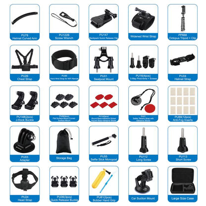 Kits Accesorios PULUZ 50 en 1 combinados Total Ultimate con estuche EVA (correa para el pecho + soporte con ventosa + brazos…