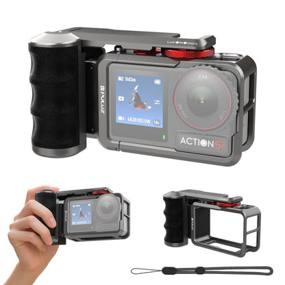 Jaula de cámara Adaptador de expansión de metálica PULUZ con empuñadura para DJI Osmo Action 5 (plata titanio)