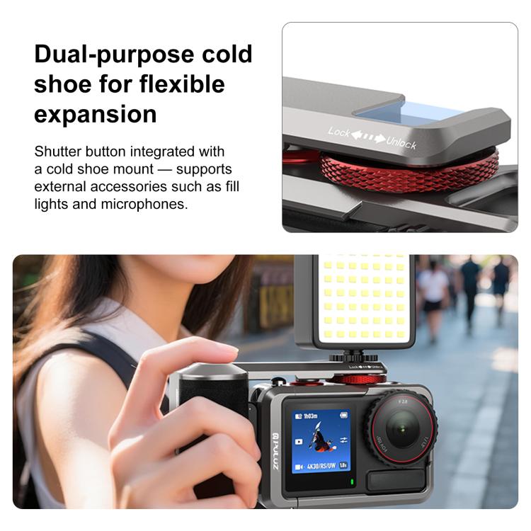 Jaula de cámara Adaptador de expansión de metálica PULUZ con empuñadura para DJI Osmo Action 5 (plata titanio) — imagen 9