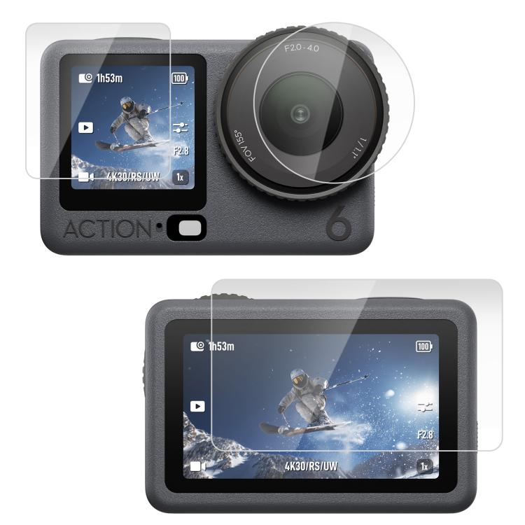Lente PULUZ + Película de vidrio templado para pantalla frontal y trasera para DJI Osmo Action 6 (transparente)