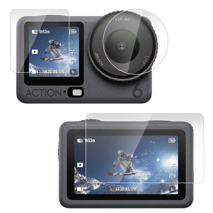 Lente PULUZ + Película de vidrio templado para pantalla frontal y trasera para DJI Osmo Action 6 (transparente)