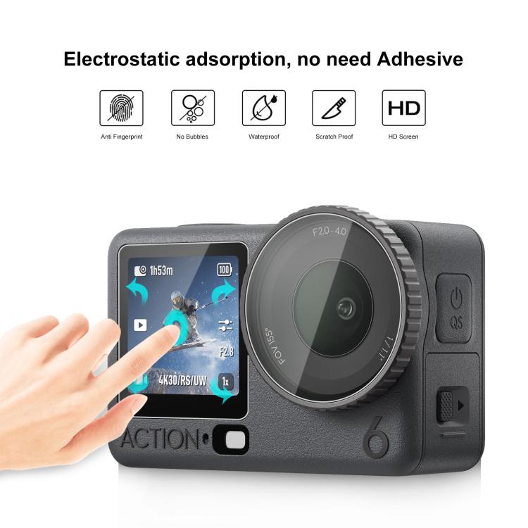 Lente PULUZ + Película de vidrio templado para pantalla frontal y trasera para DJI Osmo Action 6 (transparente) — imagen 5