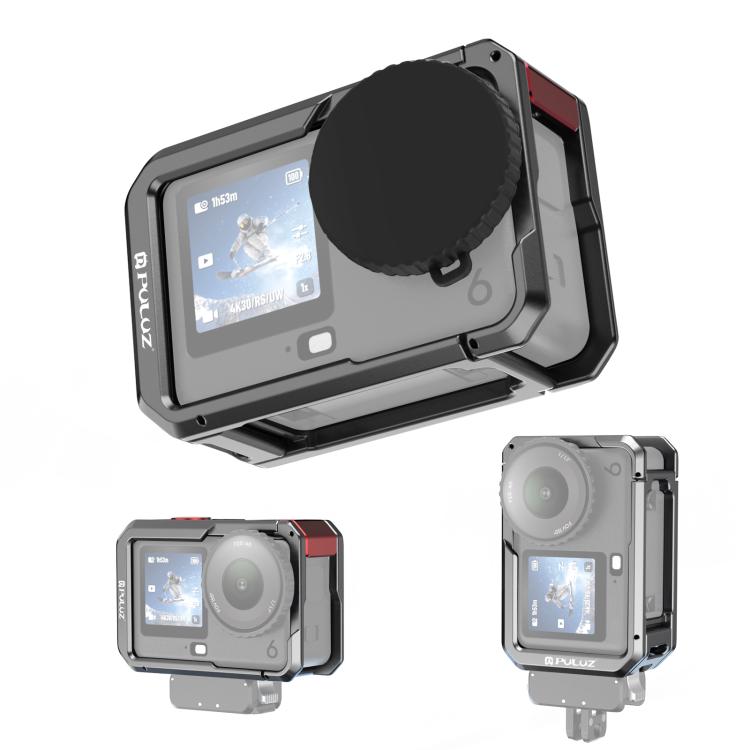 Jaula de cámara de metal PULUZ de doble apertura con marco expandible y tapa de lente de silicona (titanio) para DJI Osmo Ac…