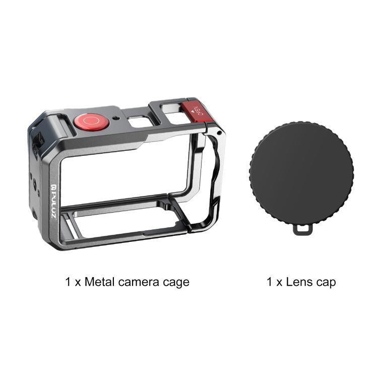 Jaula de cámara de metal PULUZ de doble apertura con marco expandible y tapa de lente de silicona (titanio) para DJI Osmo Ac…