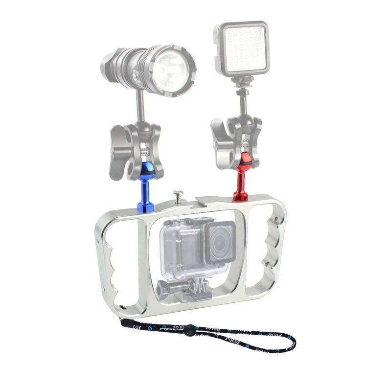 Soporte de aluminio PULUZ Brazo de luz de buceo de mano dual CNC con cordón para GoPro Hero12 Black / Hero11 /10/9/8/7/6/5,……
