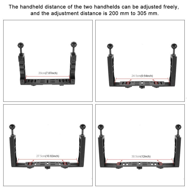 Soporte de brazo de lámpara PULUZ de aluminio CNC de mano doble ajustable para buceo para GoPro Hero12 Black / Hero11 /10/9/…