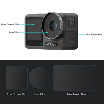 Lente PULUZ 3 en 1 Pantalla frontal y trasera Vidrio templado Película a prueba de explosiones para DJI Osmo Action 3 — imag…