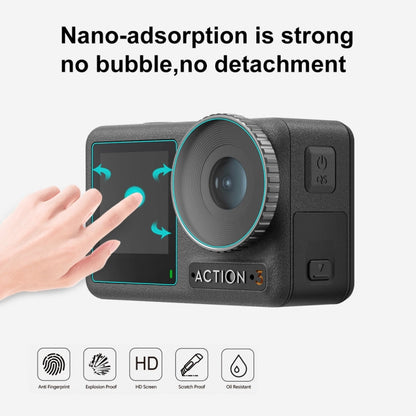 Lente PULUZ 3 en 1 Pantalla frontal y trasera Vidrio templado Película a prueba de explosiones para DJI Osmo Action 3 — imag…