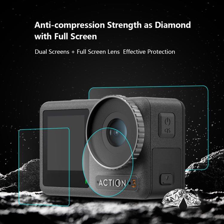 Lente PULUZ 3 en 1 Pantalla frontal y trasera Vidrio templado Película a prueba de explosiones para DJI Osmo Action 3 — imag…