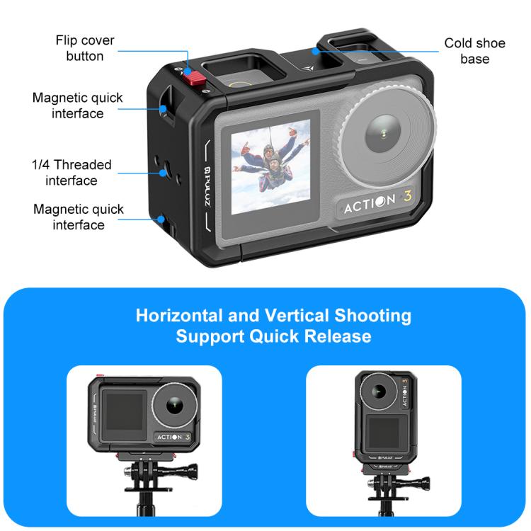 Marco adaptador de expansión de jaula de aleación de aluminio con cubierta de lente para DJI Osmo Action 5 (negro) — imagen 3