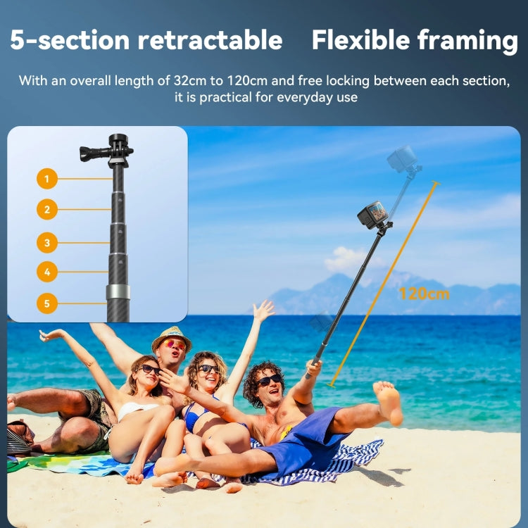 TELESIN 1.2m Fibra de carbono Monopod Selfie Stick con tornillo 1/4 para cámaras de acción — imagen 6