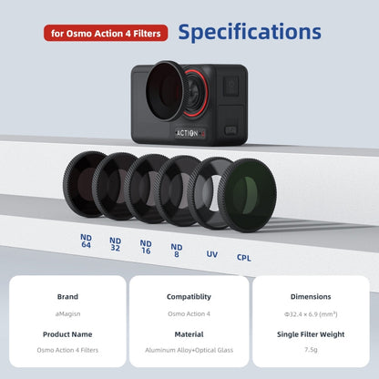 Filtro AMagisn impermeable Accesorios para cámaras deportivas, Estilo: ND8 + ND16 + ND32 + CPL para DJI Osmo Action 4 — imag…