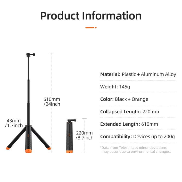 Trípode retráctil para selfies con barra de flotabilidad subacuática de 61 cm de TELESIN para cámara de acción GoPro Insta36…