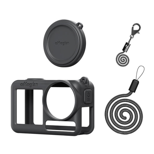 Estuche protector de silicona aMagisn con cordón y tapa de lente para DJI Osmo Action 5 (negro)