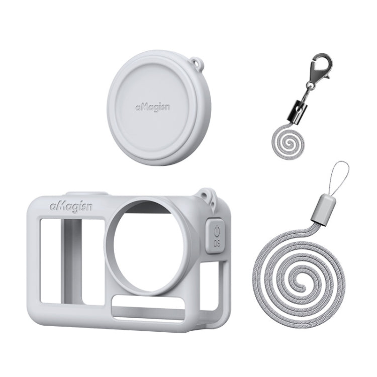 Estuche protector de silicona aMagisn con cordón y tapa de lente para DJI Osmo Action 5 (gris claro)