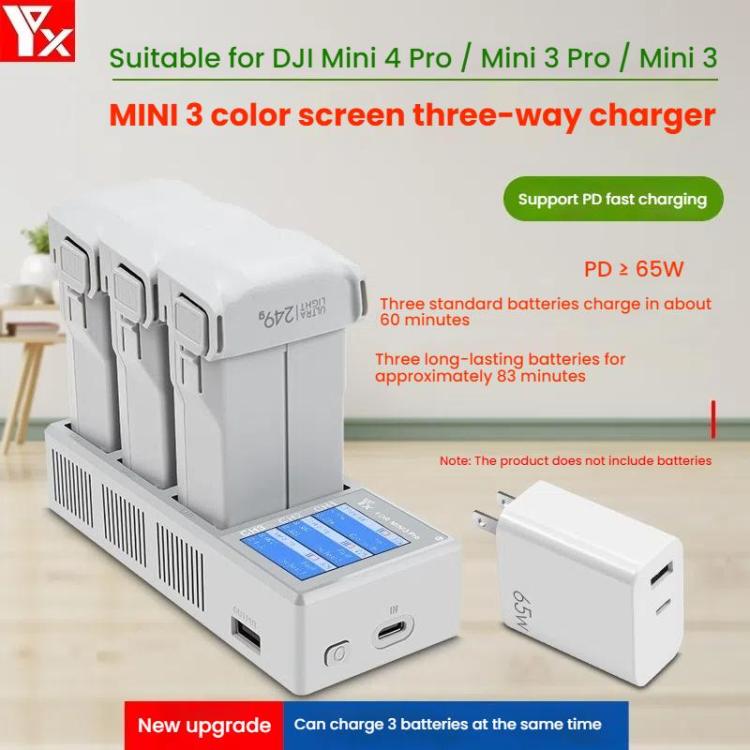 Batería de 3 Cargador de vías con pantalla a color y enchufe estadounidense de 65 W para DJI Mini 4 Pro / Mini 3 Pro para DJ…